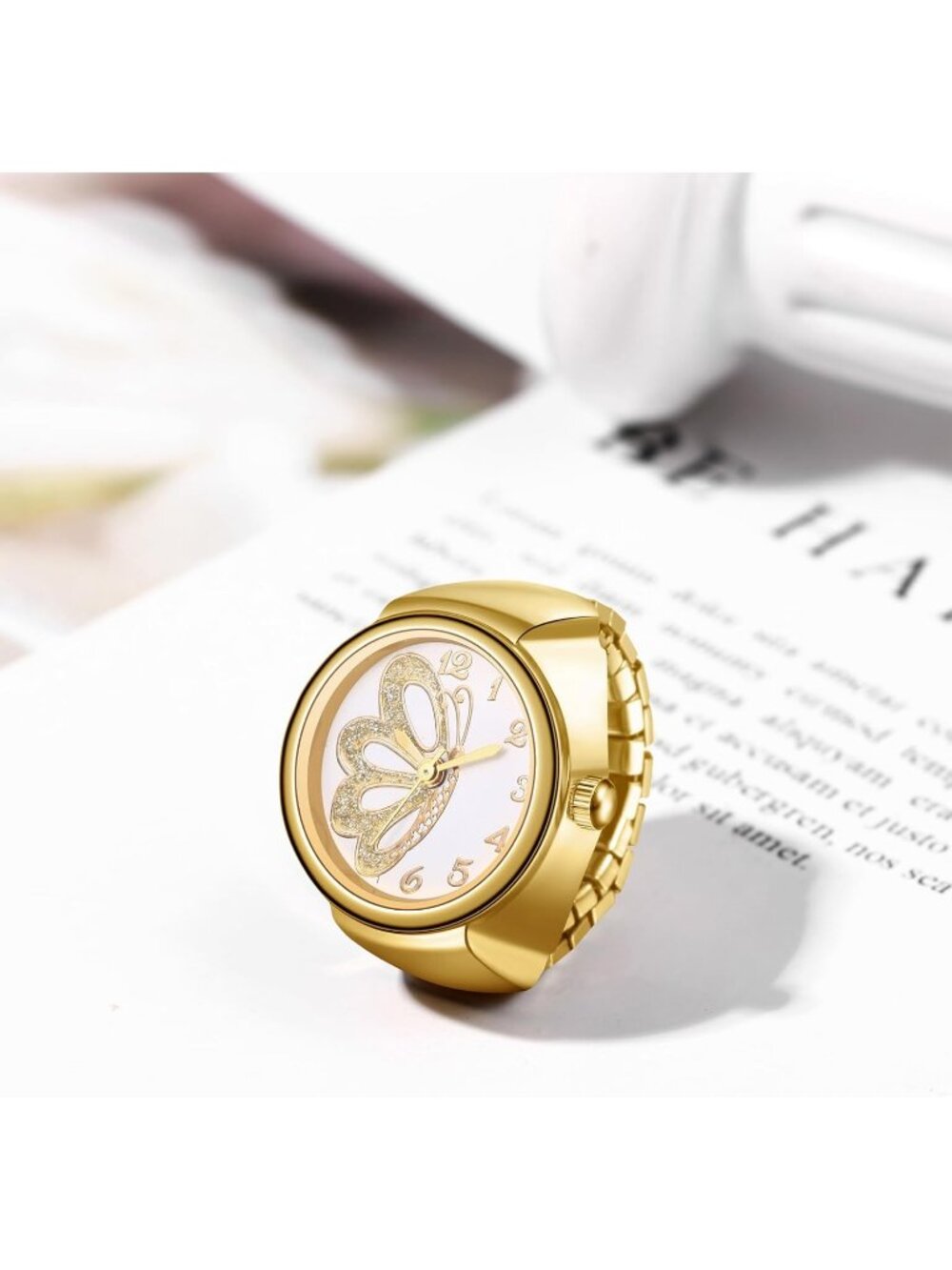 Unisex All Gold Analog Quartz Plated Elastic Butterfly Simple Finger Ring Watch - Picture 4 of 6